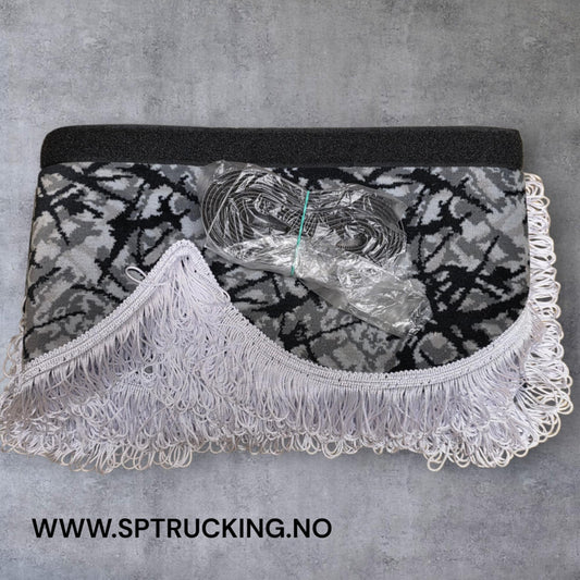 Frontkappe Bus Plysj Grå med hvite frynser 12 Cm