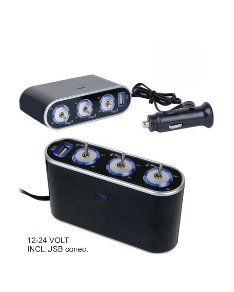 DTS 3 veis Sigarett tenner med USB. 12-24V