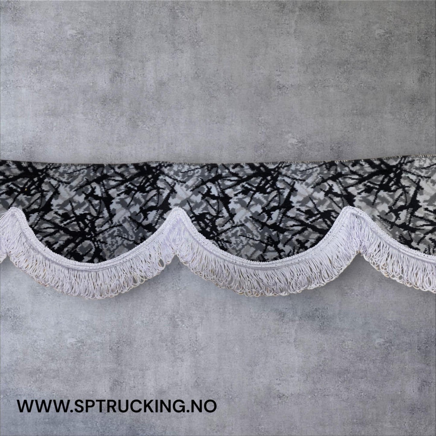 Frontkappe Bus Plysj Grå med hvite frynser 12 Cm